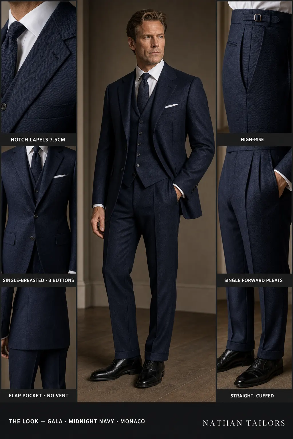 midnight navy herringbone single-breasted notch-lapel bespoke suit — AI-rendered by Nathan Tailors, the Hoi An custom tailor. Available as a custom tailored suit from $149.