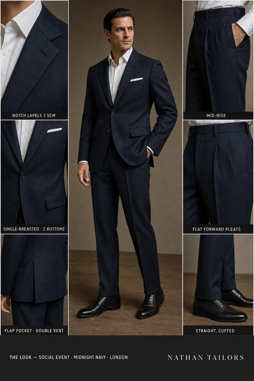 midnight navy herringbone single-breasted notch-lapel bespoke suit — AI-rendered by Nathan Tailors, the Hoi An custom tailor. Available as a custom tailored suit from $149.