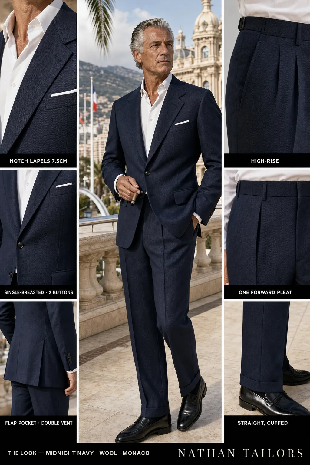 midnight navy herringbone single-breasted notch-lapel bespoke suit — AI-rendered by Nathan Tailors, the Hoi An custom tailor. Available as a custom tailored suit from $149.
