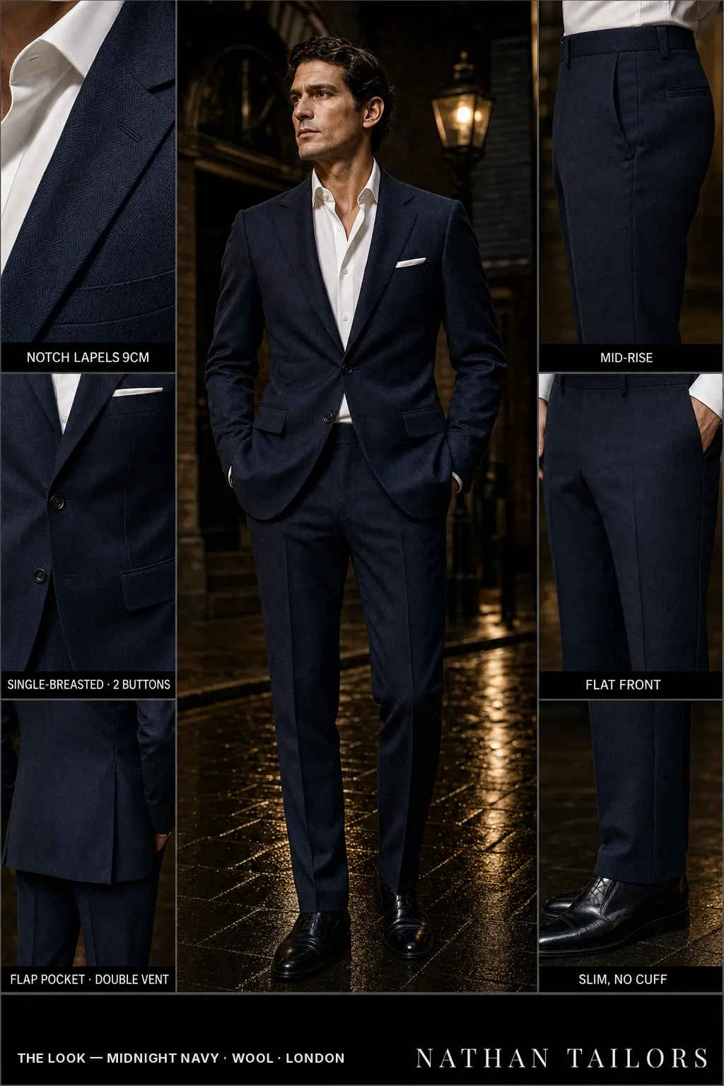 midnight navy herringbone single-breasted notch-lapel bespoke suit — AI-rendered by Nathan Tailors, the Hoi An custom tailor. Available as a custom tailored suit from $149.