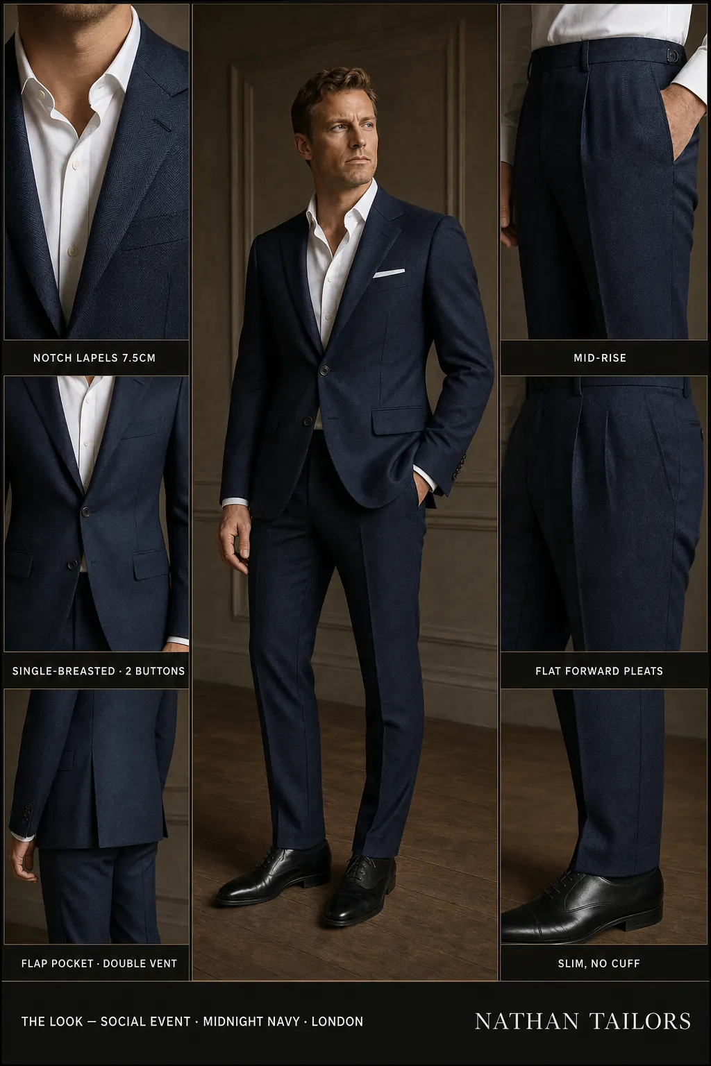 midnight navy herringbone single-breasted notch-lapel bespoke suit โ AI-rendered by Nathan Tailors, the Hoi An custom tailor. Available as a custom tailored suit from $149.