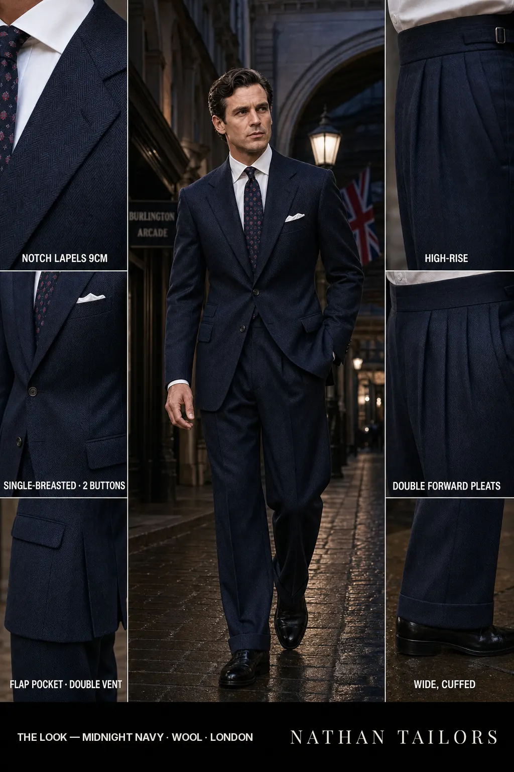 midnight navy herringbone single-breasted notch-lapel bespoke suit — AI-rendered by Nathan Tailors, the Hoi An custom tailor. Available as a custom tailored suit from $149.