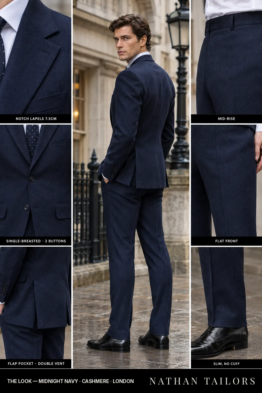 midnight navy herringbone single-breasted bespoke suit โ custom tailored by Nathan Tailors, the Hoi An custom tailor