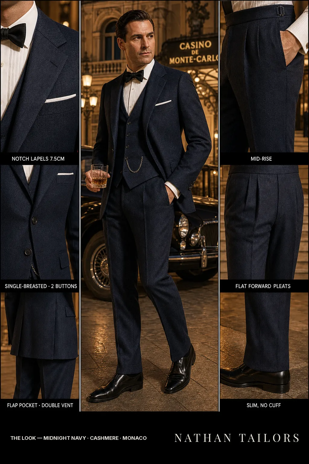 midnight navy herringbone single-breasted notch-lapel bespoke suit โ AI-rendered by Nathan Tailors, the Hoi An custom tailor. Available as a custom tailored suit from $149.