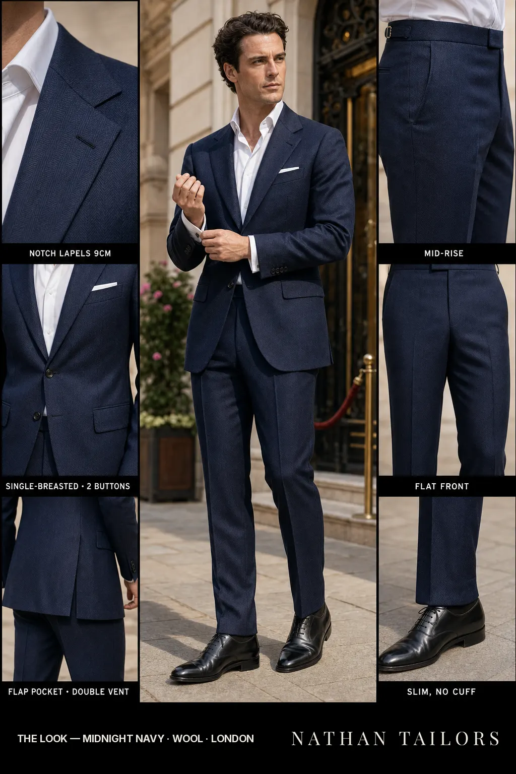 midnight navy herringbone single-breasted notch-lapel bespoke suit — AI-rendered by Nathan Tailors, the Hoi An custom tailor. Available as a custom tailored suit from $149.