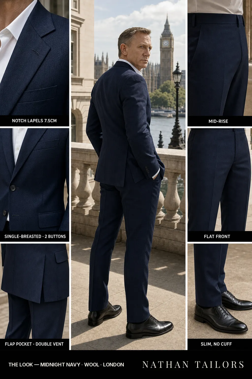 midnight navy herringbone single-breasted notch-lapel bespoke suit — AI-rendered by Nathan Tailors, the Hoi An custom tailor. Available as a custom tailored suit from $149.