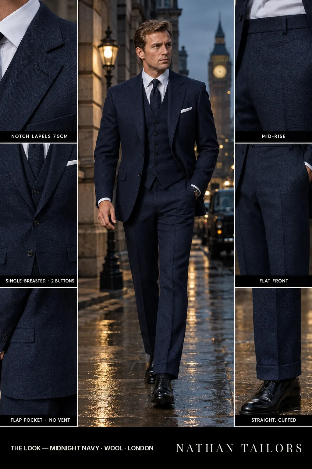 midnight navy herringbone single-breasted bespoke suit — custom tailored by Nathan Tailors, the Hoi An custom tailor