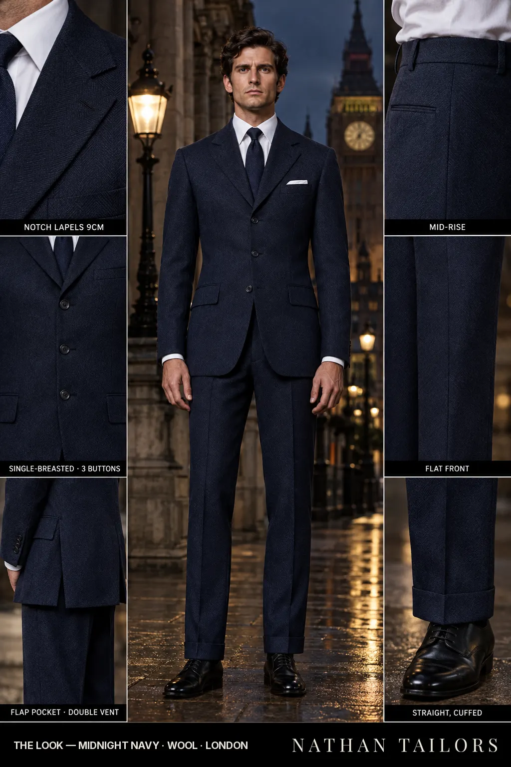 midnight navy herringbone single-breasted bespoke suit — custom tailored by Nathan Tailors, the Hoi An custom tailor