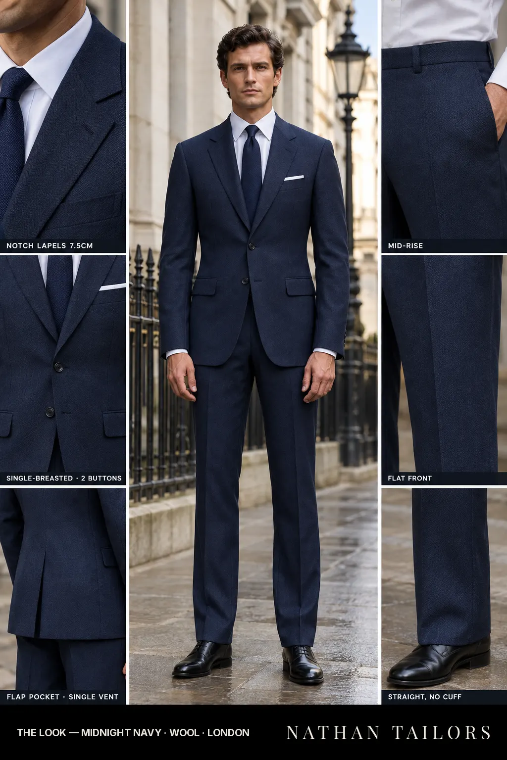 midnight navy herringbone single-breasted bespoke suit โ custom tailored by Nathan Tailors, the Hoi An custom tailor