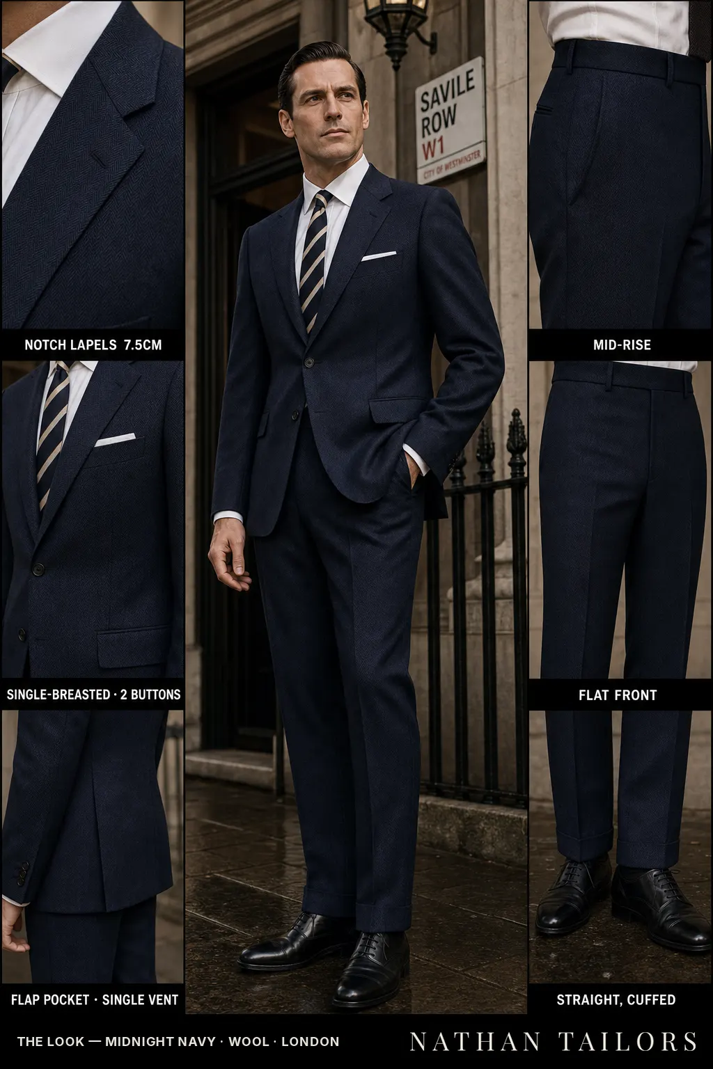 midnight navy herringbone single-breasted bespoke suit — custom tailored by Nathan Tailors, the Hoi An custom tailor