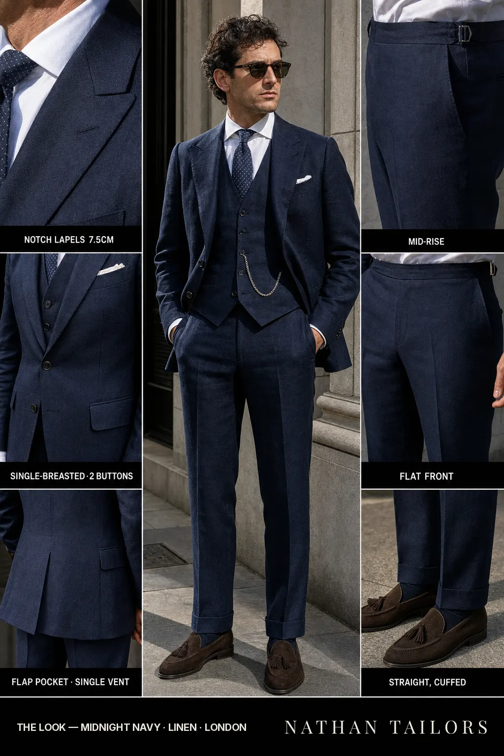 midnight navy herringbone single-breasted notch-lapel bespoke suit — AI-rendered by Nathan Tailors, the Hoi An custom tailor. Available as a custom tailored suit from $149.