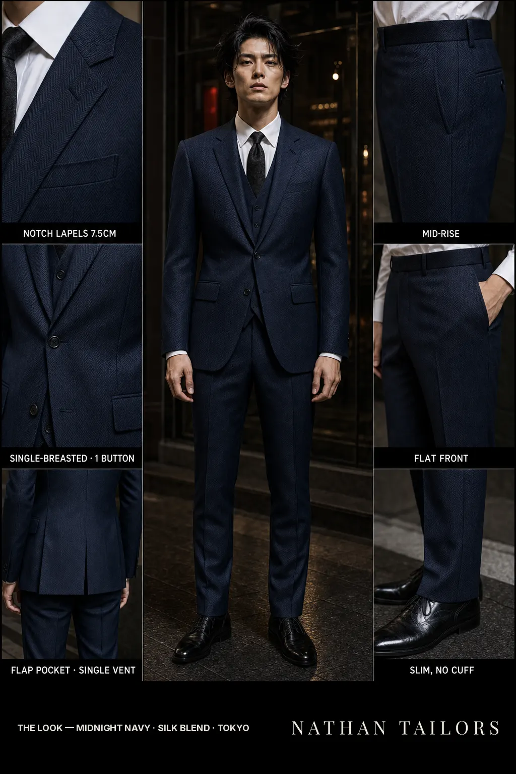 midnight navy herringbone single-breasted notch-lapel bespoke suit — AI-rendered by Nathan Tailors, the Hoi An custom tailor. Available as a custom tailored suit from $149.