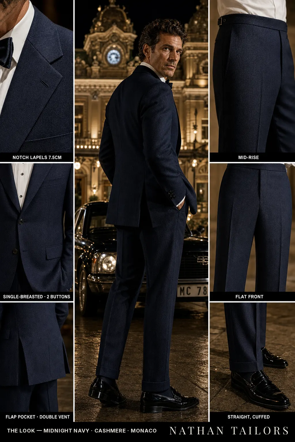 midnight navy herringbone single-breasted notch-lapel bespoke suit — AI-rendered by Nathan Tailors, the Hoi An custom tailor. Available as a custom tailored suit from $149.