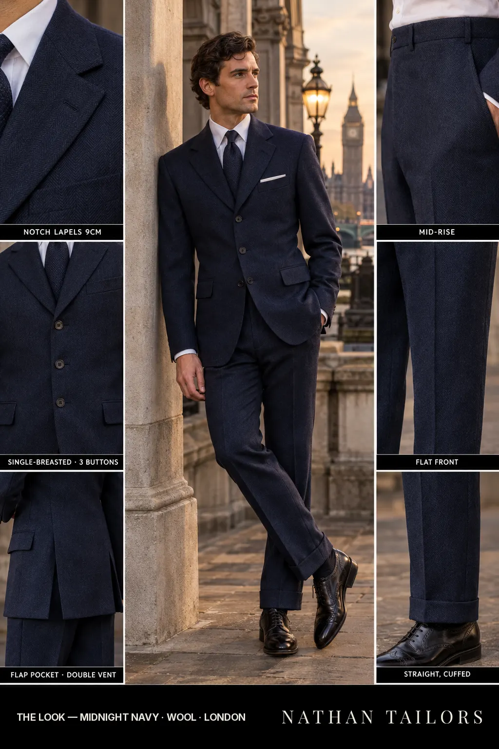 midnight navy herringbone single-breasted bespoke suit — custom tailored by Nathan Tailors, the Hoi An custom tailor