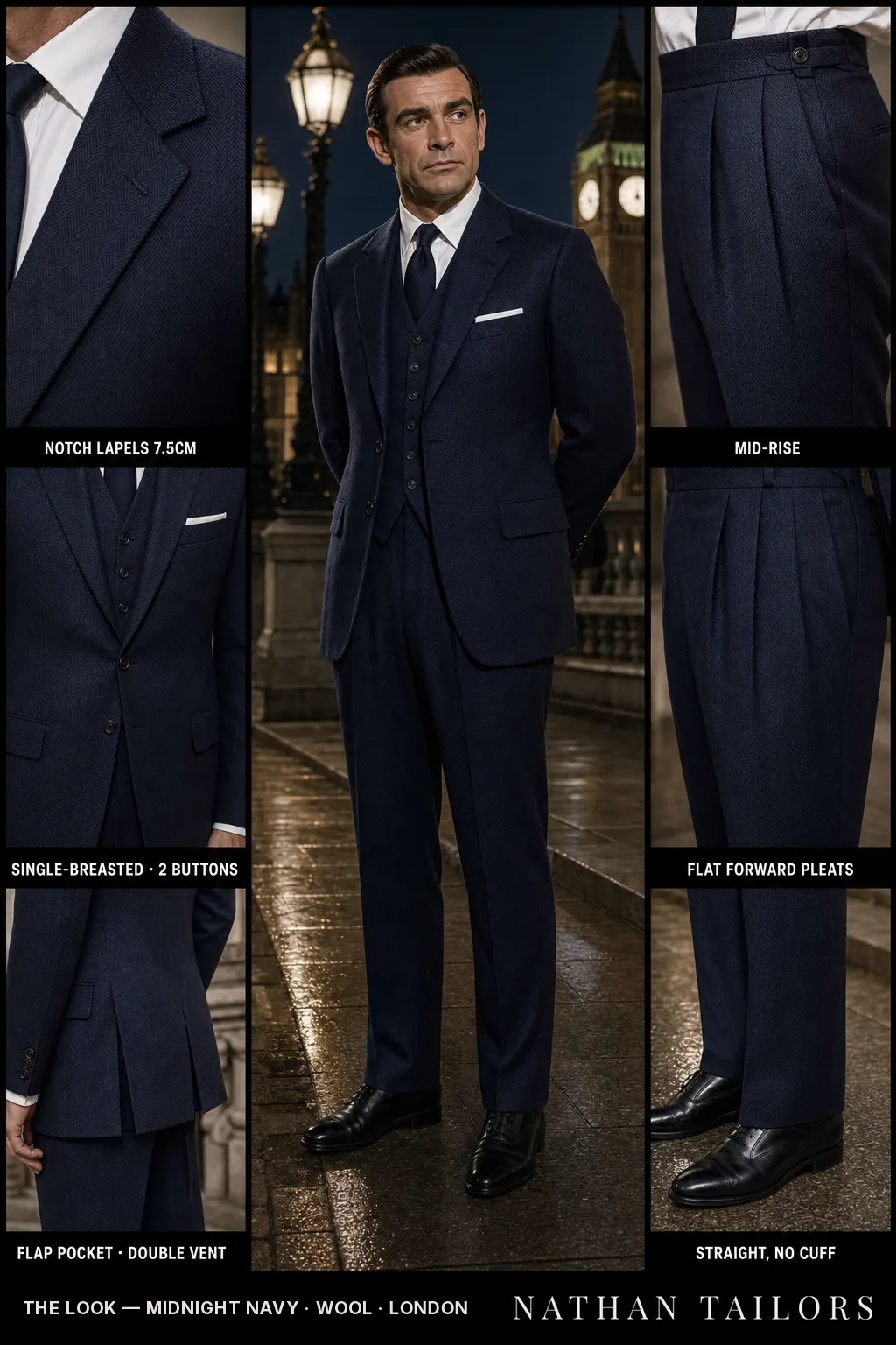 midnight navy herringbone single-breasted notch-lapel bespoke suit — AI-rendered by Nathan Tailors, the Hoi An custom tailor. Available as a custom tailored suit from $149.