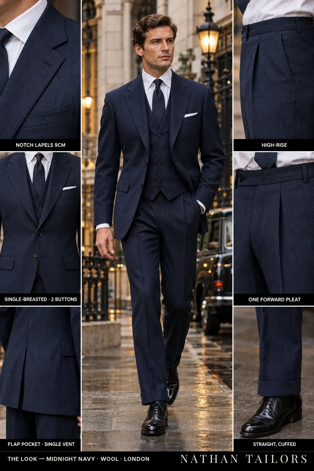midnight navy herringbone single-breasted bespoke suit — custom tailored by Nathan Tailors, the Hoi An custom tailor