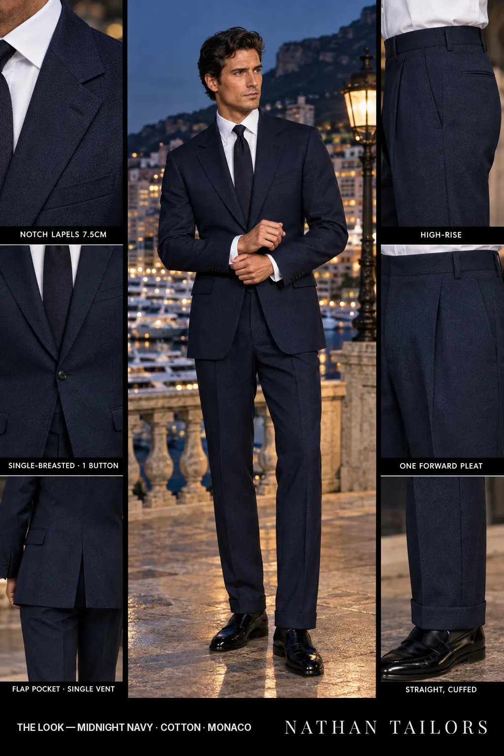midnight navy herringbone single-breasted bespoke suit โ custom tailored by Nathan Tailors, the Hoi An custom tailor