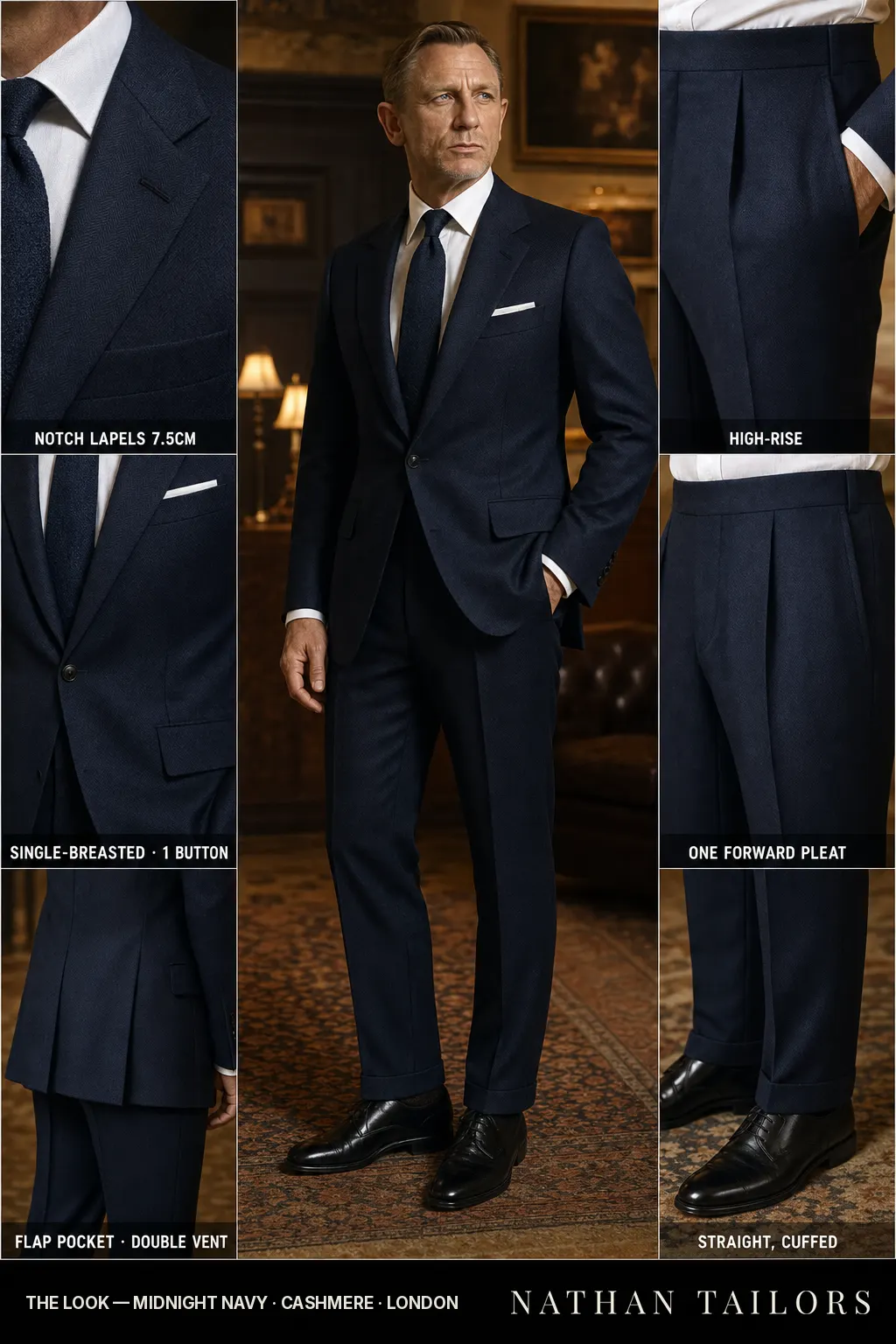 midnight navy herringbone single-breasted notch-lapel bespoke suit โ AI-rendered by Nathan Tailors, the Hoi An custom tailor. Available as a custom tailored suit from $149.