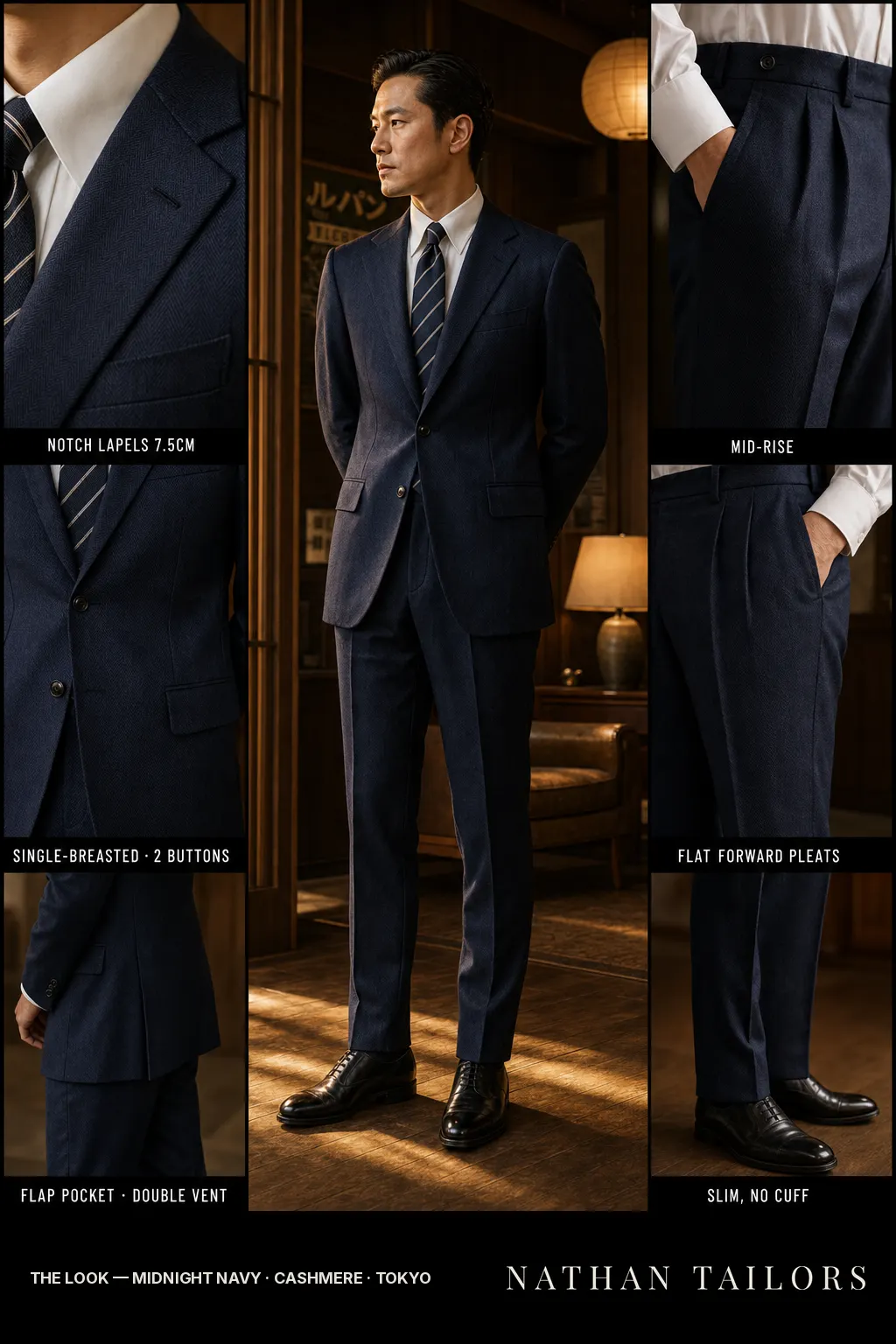 midnight navy herringbone single-breasted notch-lapel bespoke suit — AI-rendered by Nathan Tailors, the Hoi An custom tailor. Available as a custom tailored suit from $149.