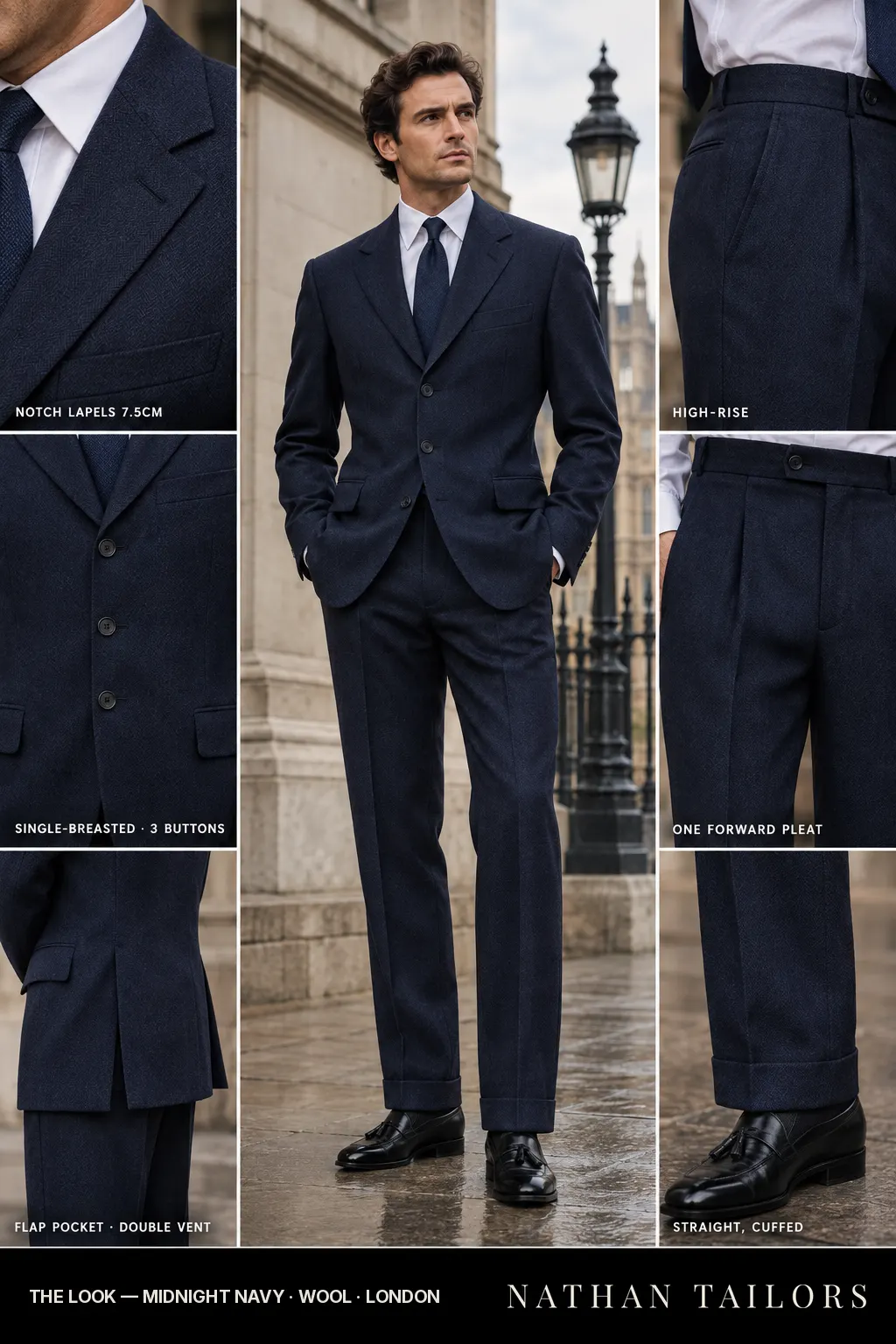 midnight navy herringbone single-breasted notch-lapel bespoke suit — AI-rendered by Nathan Tailors, the Hoi An custom tailor. Available as a custom tailored suit from $149.
