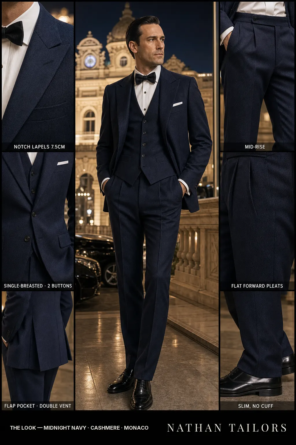 midnight navy herringbone single-breasted notch-lapel bespoke suit โ AI-rendered by Nathan Tailors, the Hoi An custom tailor. Available as a custom tailored suit from $149.