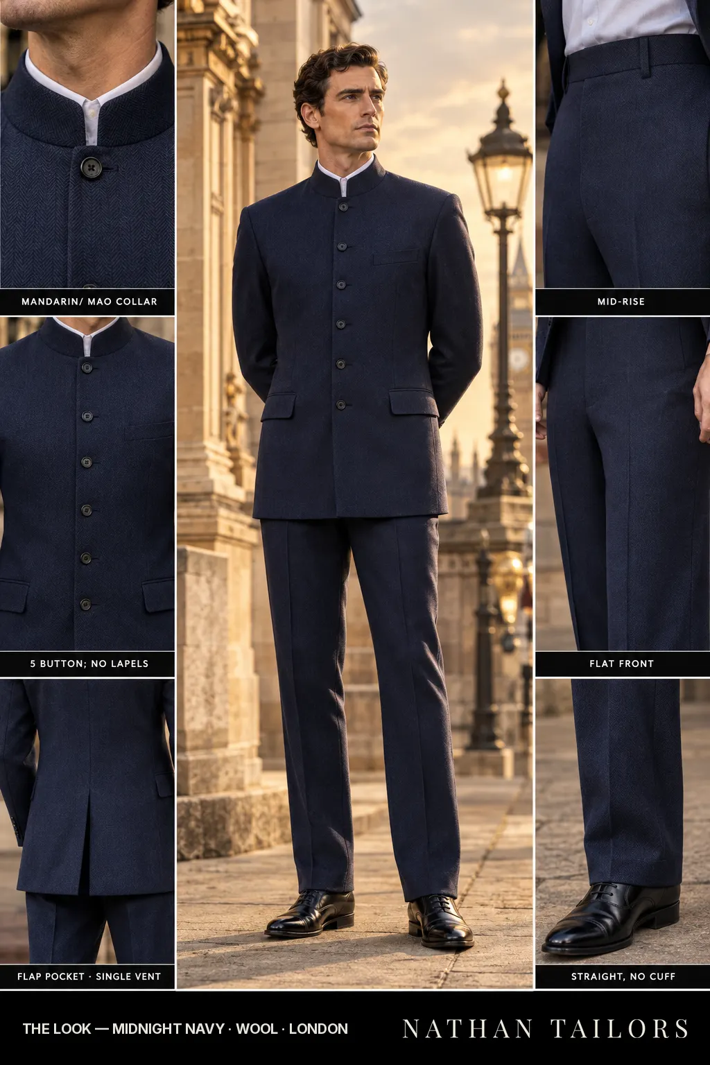 midnight navy herringbone single-breasted bespoke suit โ custom tailored by Nathan Tailors, the Hoi An custom tailor