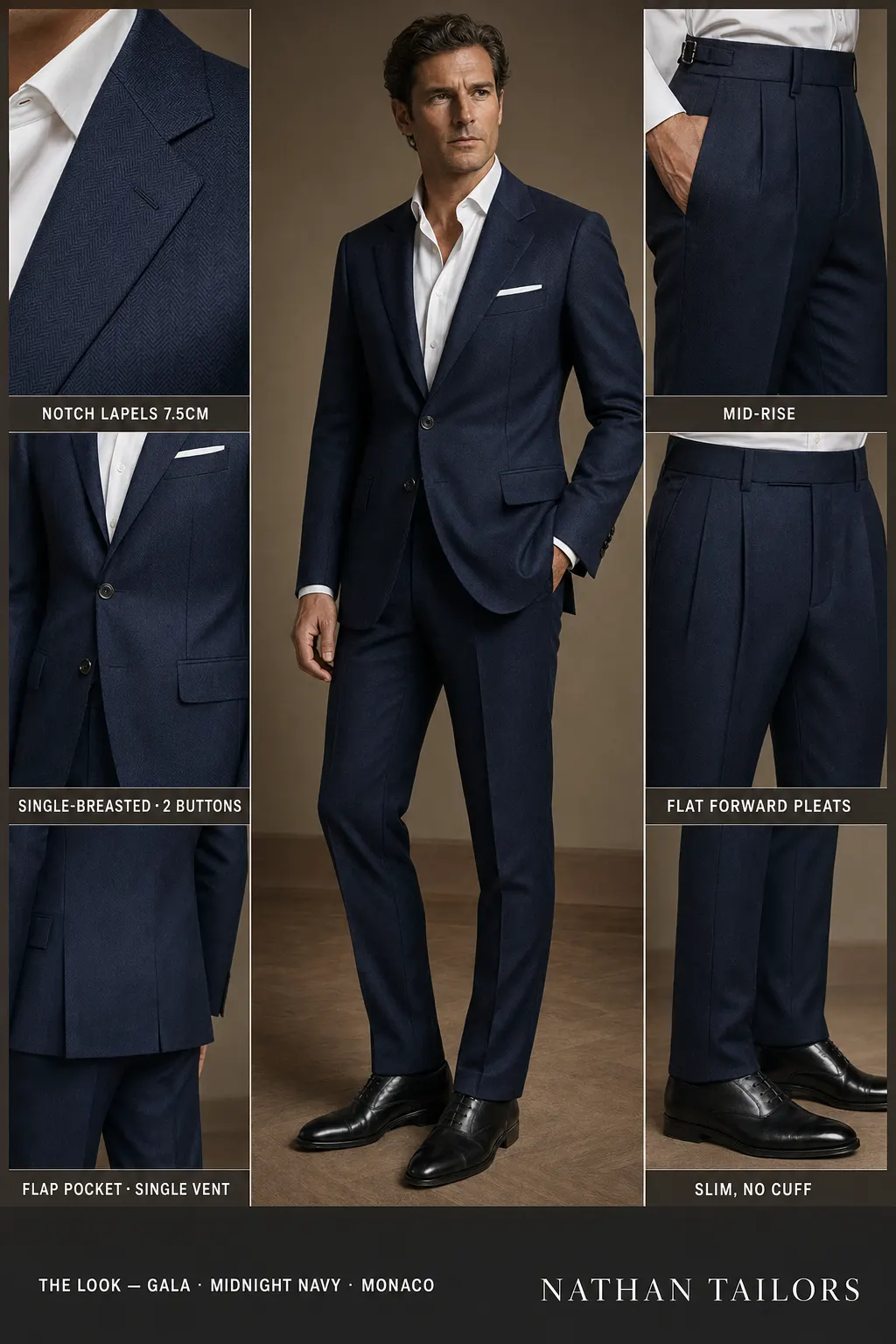 midnight navy herringbone single-breasted notch-lapel bespoke suit — AI-rendered by Nathan Tailors, the Hoi An custom tailor. Available as a custom tailored suit from $149.
