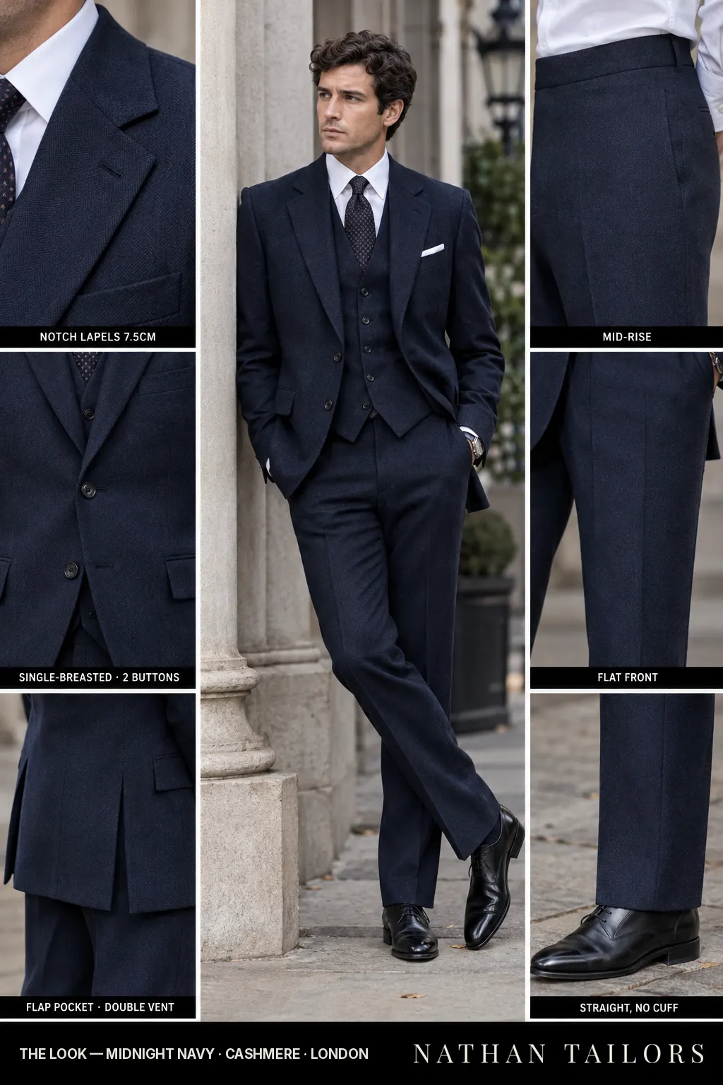 midnight navy herringbone single-breasted bespoke suit โ custom tailored by Nathan Tailors, the Hoi An custom tailor