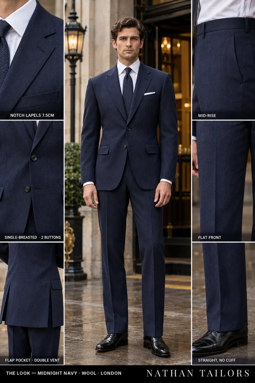 midnight navy herringbone single-breasted bespoke suit — custom tailored by Nathan Tailors, the Hoi An custom tailor