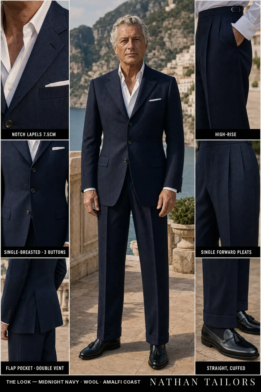 midnight navy herringbone single-breasted notch-lapel bespoke suit — AI-rendered by Nathan Tailors, the Hoi An custom tailor. Available as a custom tailored suit from $149.