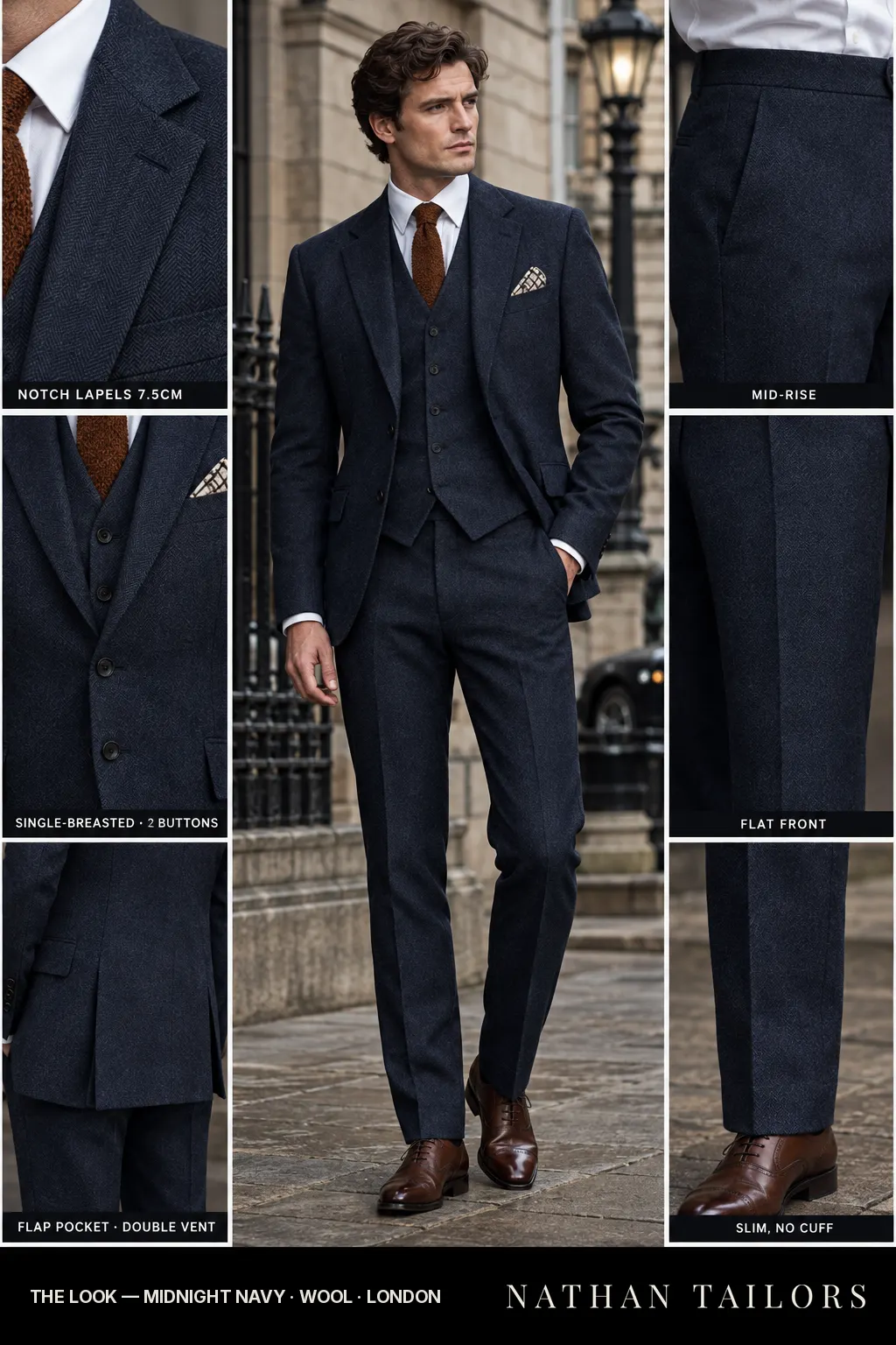 midnight navy herringbone single-breasted bespoke suit — custom tailored by Nathan Tailors, the Hoi An custom tailor