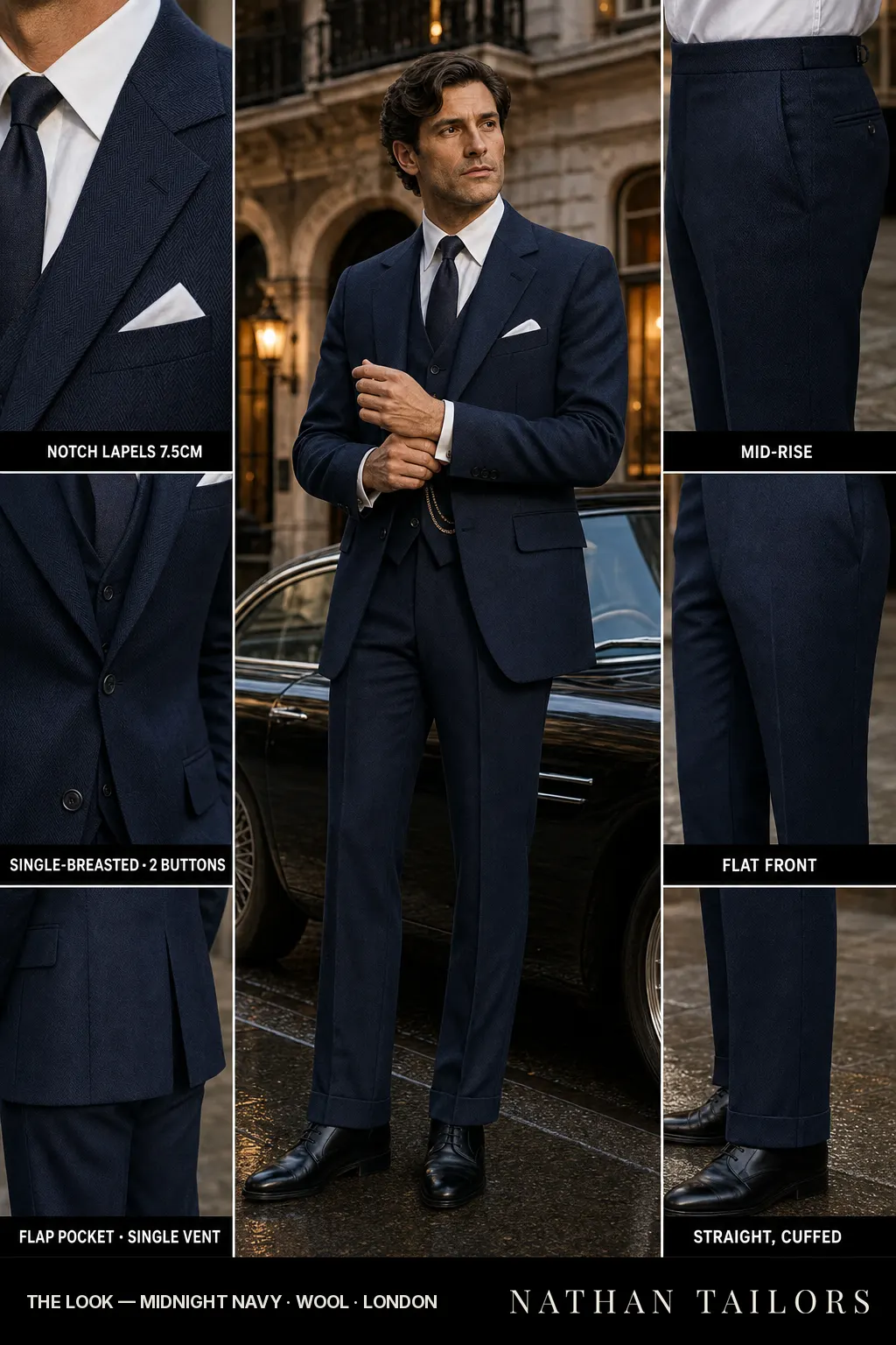 midnight navy herringbone single-breasted notch-lapel bespoke suit — AI-rendered by Nathan Tailors, the Hoi An custom tailor. Available as a custom tailored suit from $149.