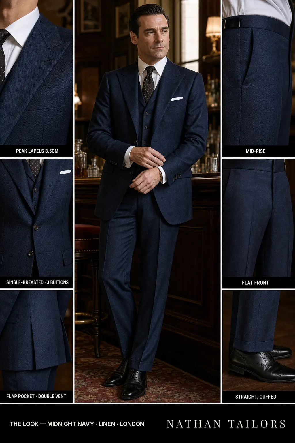 midnight navy herringbone single-breasted peak-lapel bespoke suit — AI-rendered by Nathan Tailors, the Hoi An custom tailor. Available as a custom tailored suit from $149.