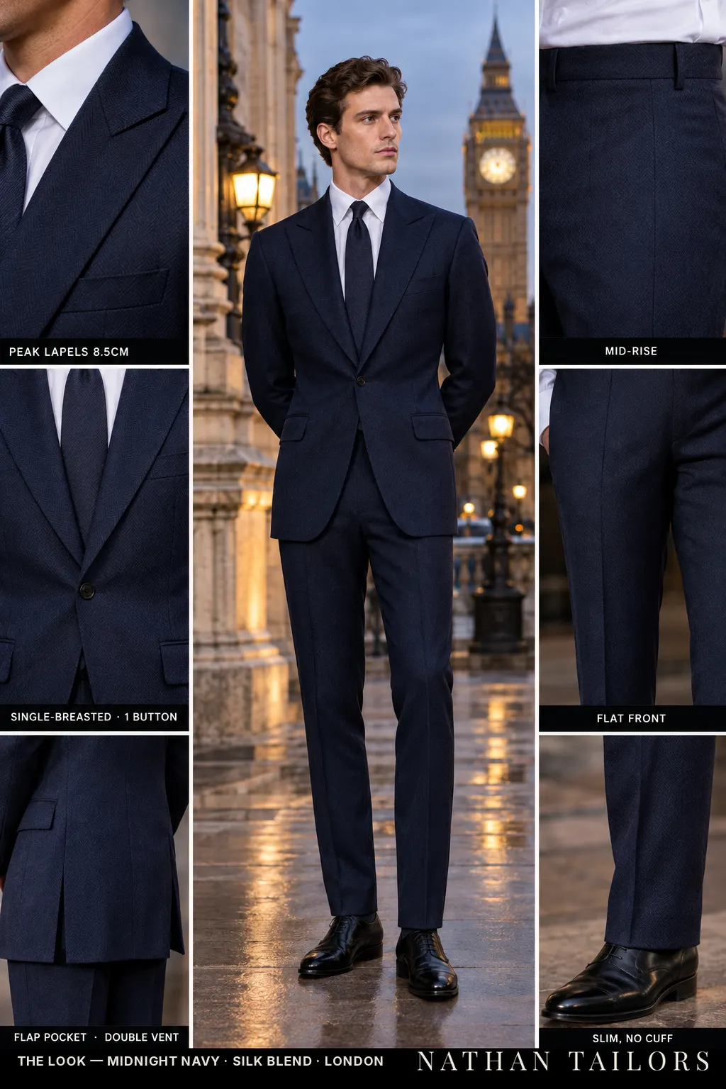 midnight navy herringbone single-breasted bespoke suit — custom tailored by Nathan Tailors, the Hoi An custom tailor