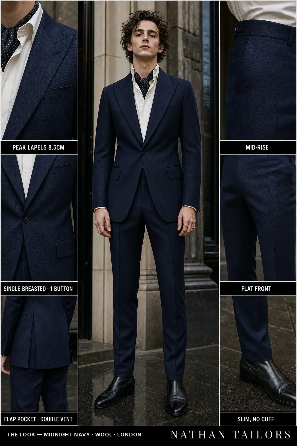 midnight navy herringbone single-breasted peak-lapel bespoke suit — AI-rendered by Nathan Tailors, the Hoi An custom tailor. Available as a custom tailored suit from $149.