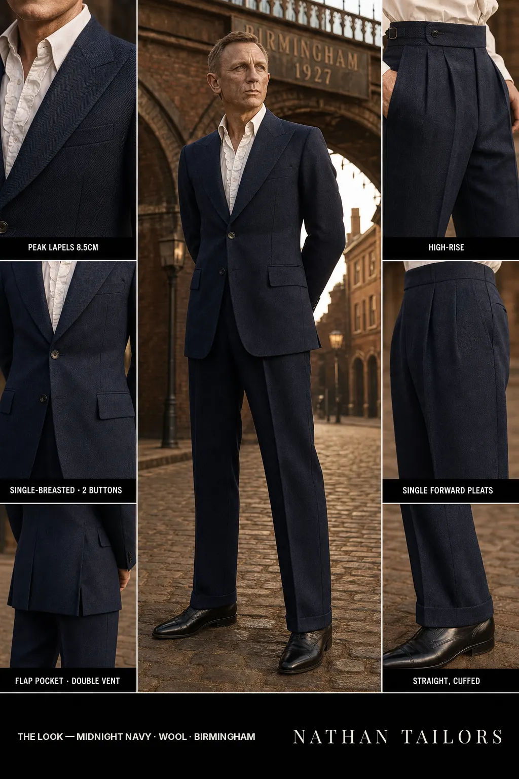 midnight navy herringbone single-breasted peak-lapel bespoke suit โ AI-rendered by Nathan Tailors, the Hoi An custom tailor. Available as a custom tailored suit from $149.