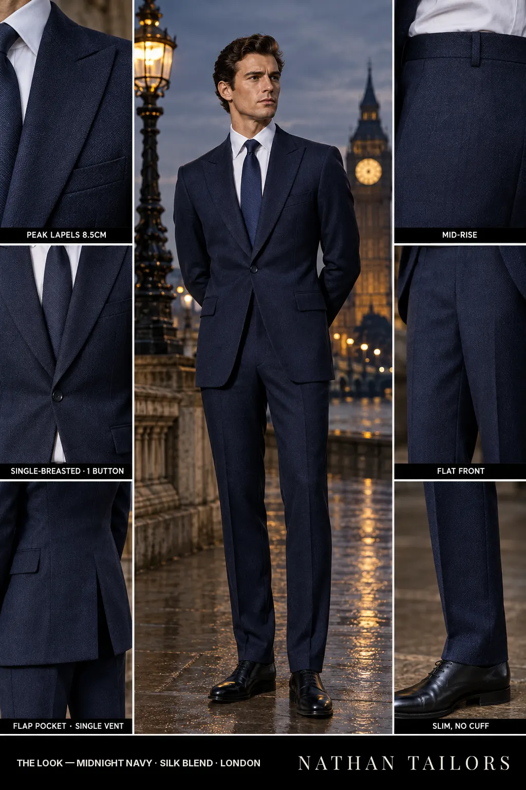 midnight navy herringbone single-breasted bespoke suit — custom tailored by Nathan Tailors, the Hoi An custom tailor
