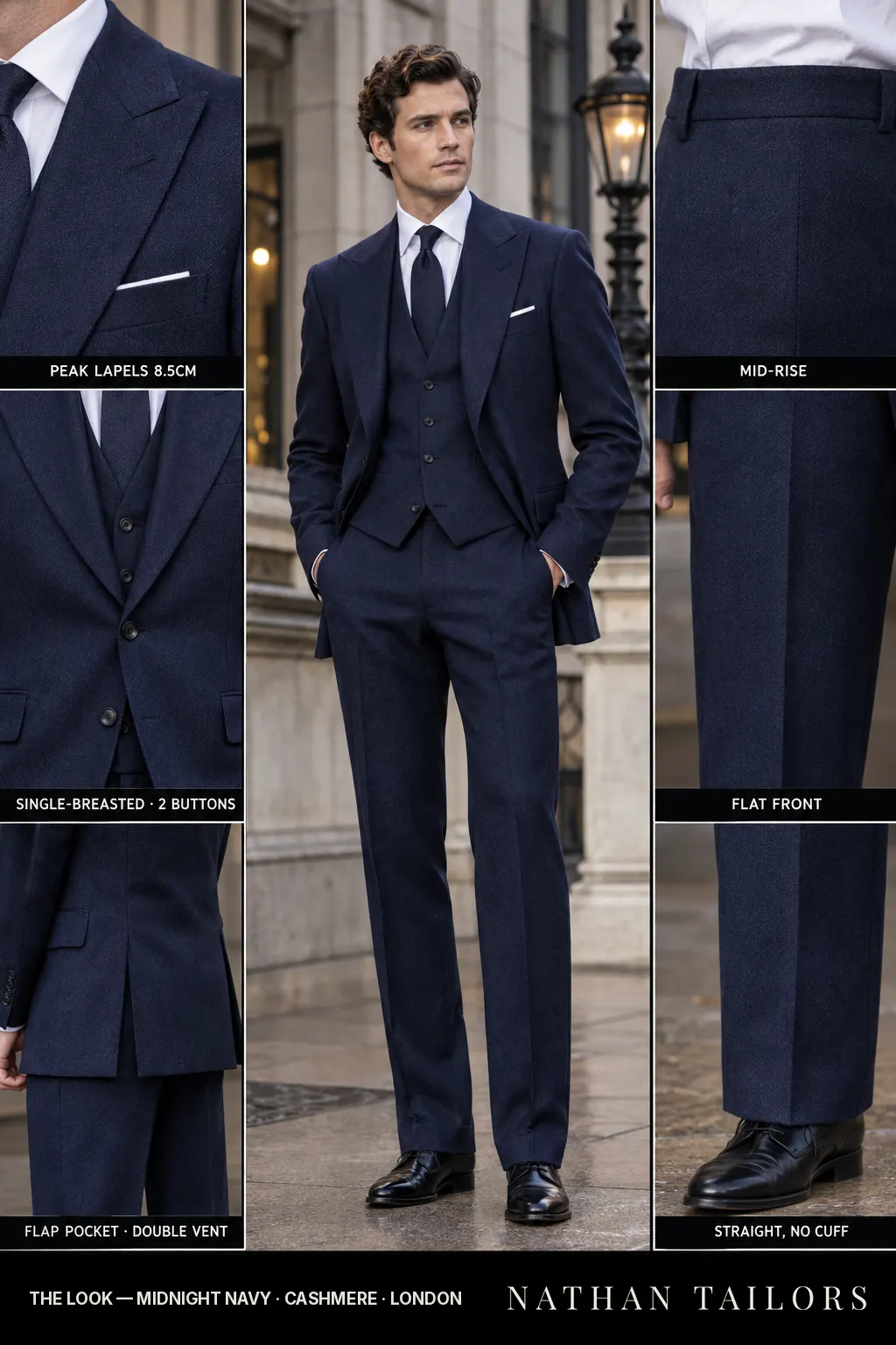 midnight navy herringbone single-breasted peak-lapel bespoke suit — AI-rendered by Nathan Tailors, the Hoi An custom tailor. Available as a custom tailored suit from $149.