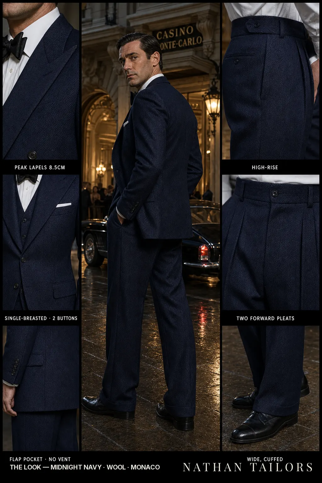 midnight navy herringbone single-breasted peak-lapel bespoke suit — AI-rendered by Nathan Tailors, the Hoi An custom tailor. Available as a custom tailored suit from $149.
