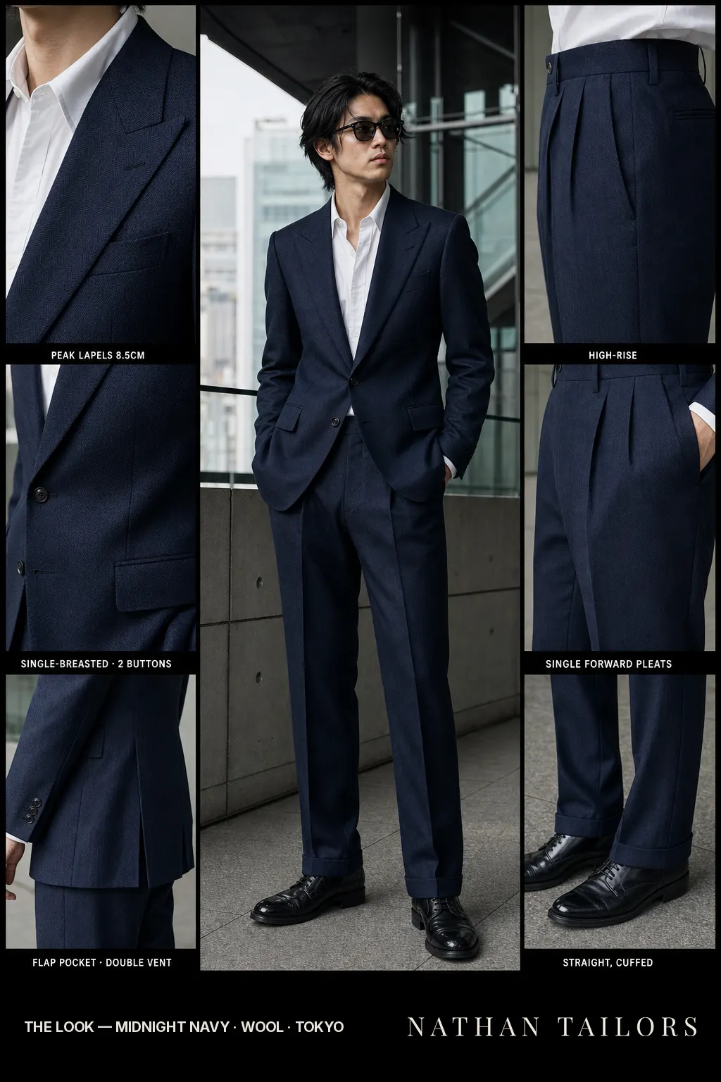 midnight navy herringbone single-breasted peak-lapel bespoke suit — AI-rendered by Nathan Tailors, the Hoi An custom tailor. Available as a custom tailored suit from $149.