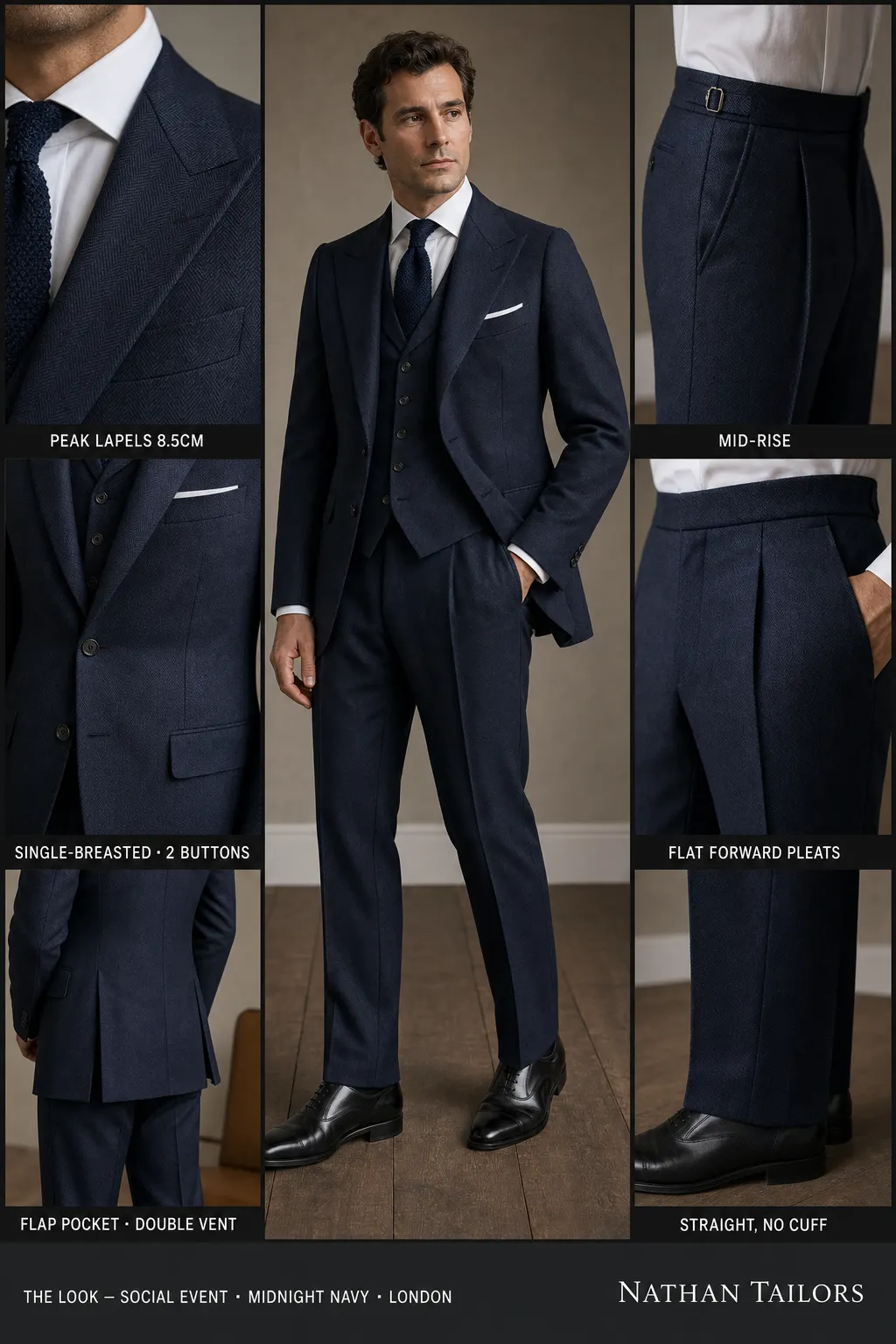 midnight navy herringbone single-breasted peak-lapel bespoke suit โ AI-rendered by Nathan Tailors, the Hoi An custom tailor. Available as a custom tailored suit from $149.