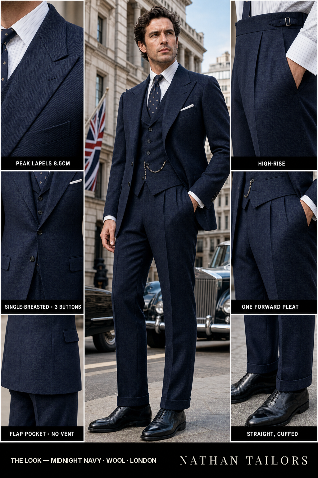 Midnight Navy Herringbone Single-Breasted Bespoke Suit | Custom