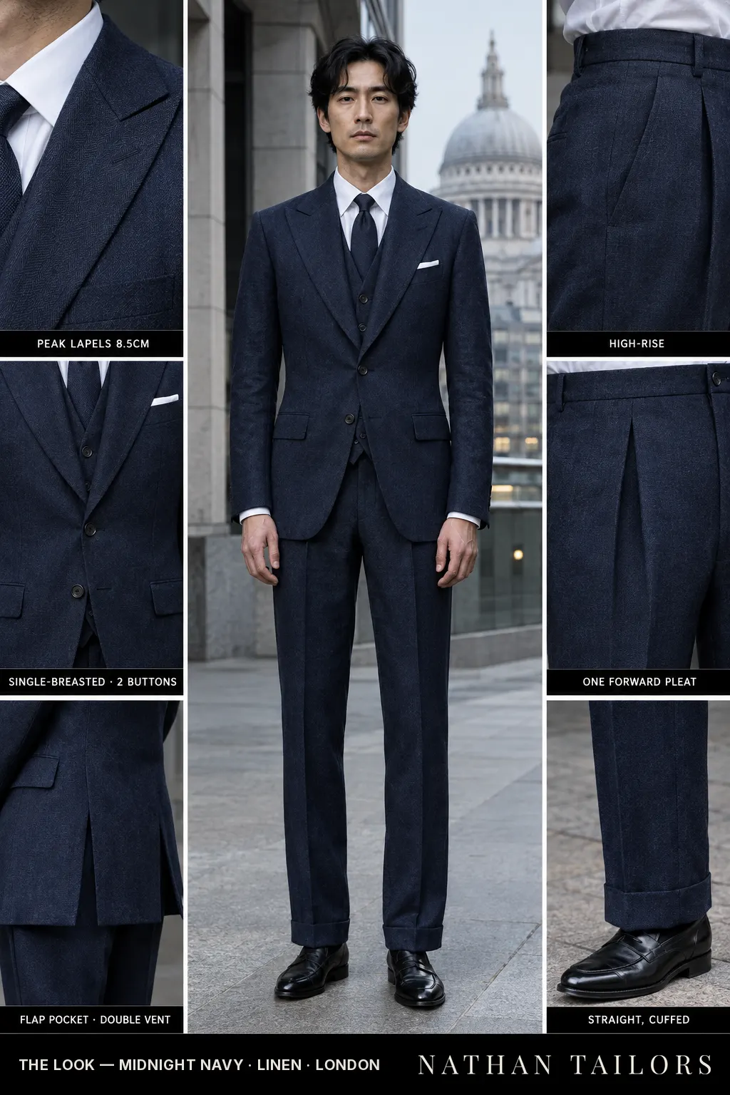 midnight navy herringbone single-breasted bespoke suit โ custom tailored by Nathan Tailors, the Hoi An custom tailor