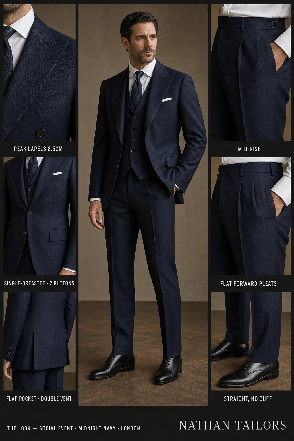 midnight navy herringbone single-breasted peak-lapel bespoke suit — AI-rendered by Nathan Tailors, the Hoi An custom tailor. Available as a custom tailored suit from $149.