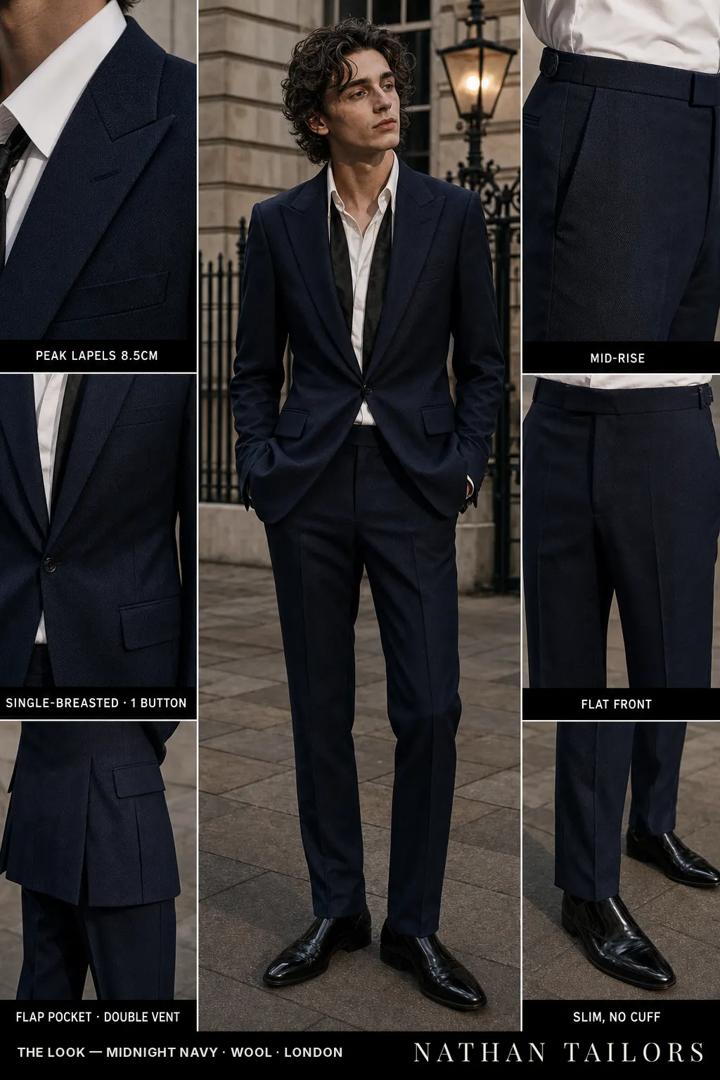 midnight navy herringbone single-breasted peak-lapel bespoke suit — AI-rendered by Nathan Tailors, the Hoi An custom tailor. Available as a custom tailored suit from $149.