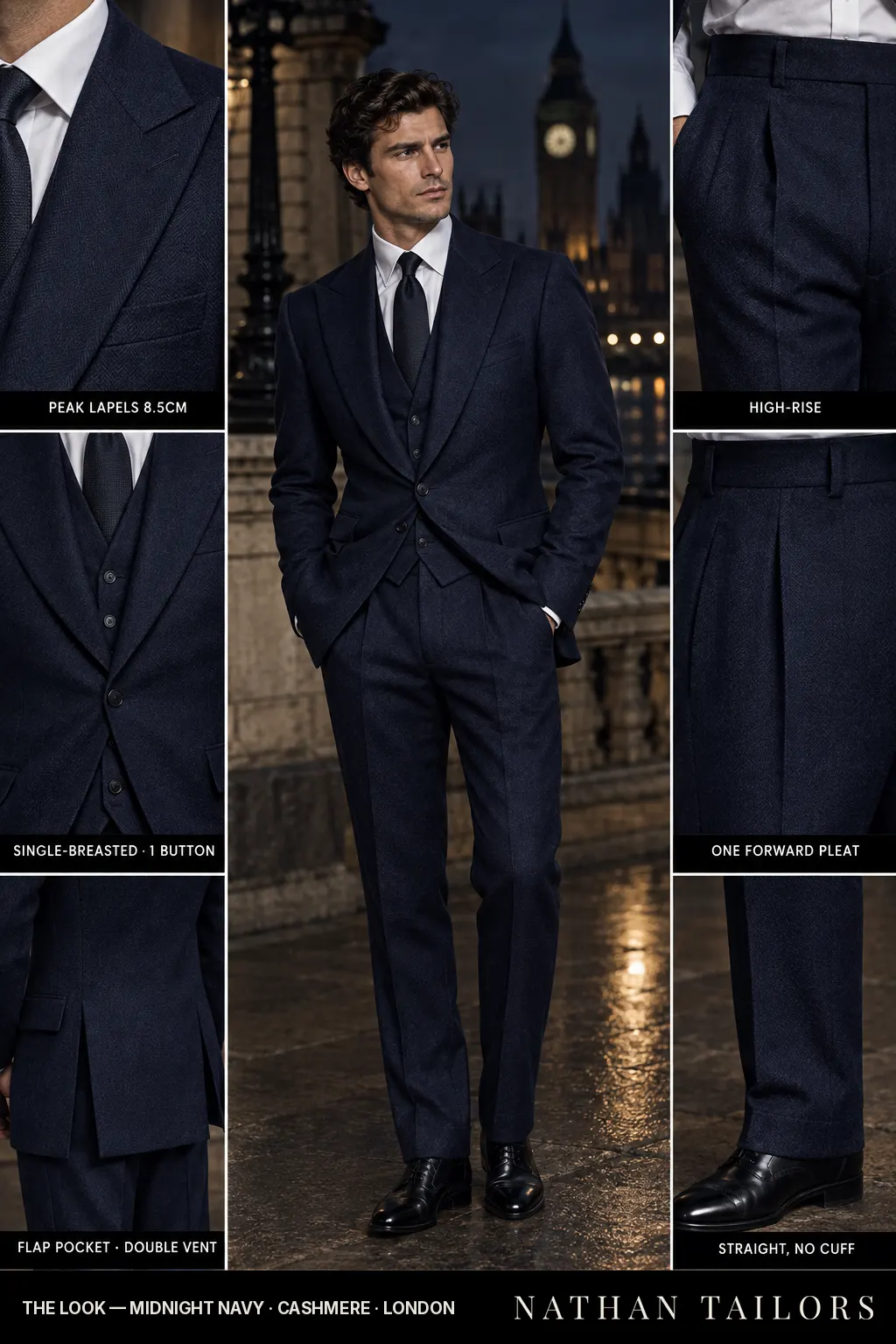 midnight navy herringbone single-breasted peak-lapel bespoke suit โ AI-rendered by Nathan Tailors, the Hoi An custom tailor. Available as a custom tailored suit from $149.