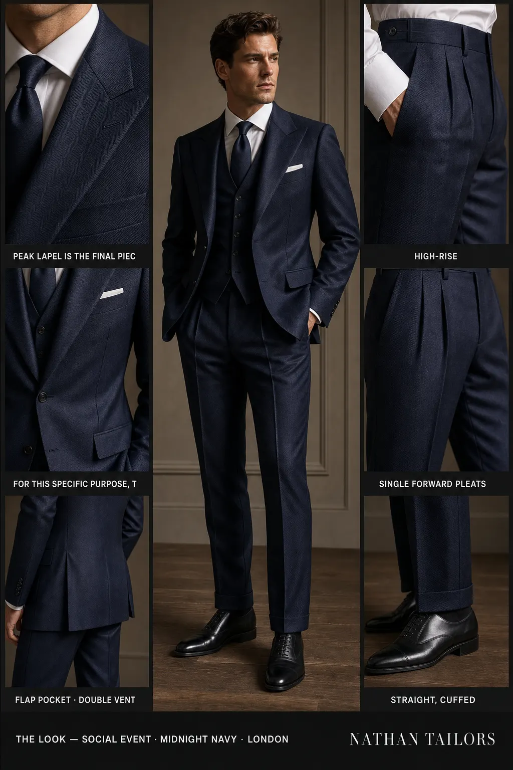 midnight navy herringbone single-breasted peak-lapel bespoke suit โ AI-rendered by Nathan Tailors, the Hoi An custom tailor. Available as a custom tailored suit from $149.