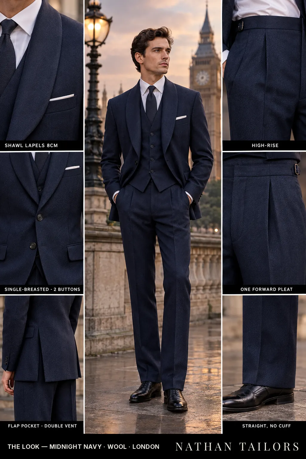 midnight navy herringbone single-breasted bespoke suit — custom tailored by Nathan Tailors, the Hoi An custom tailor