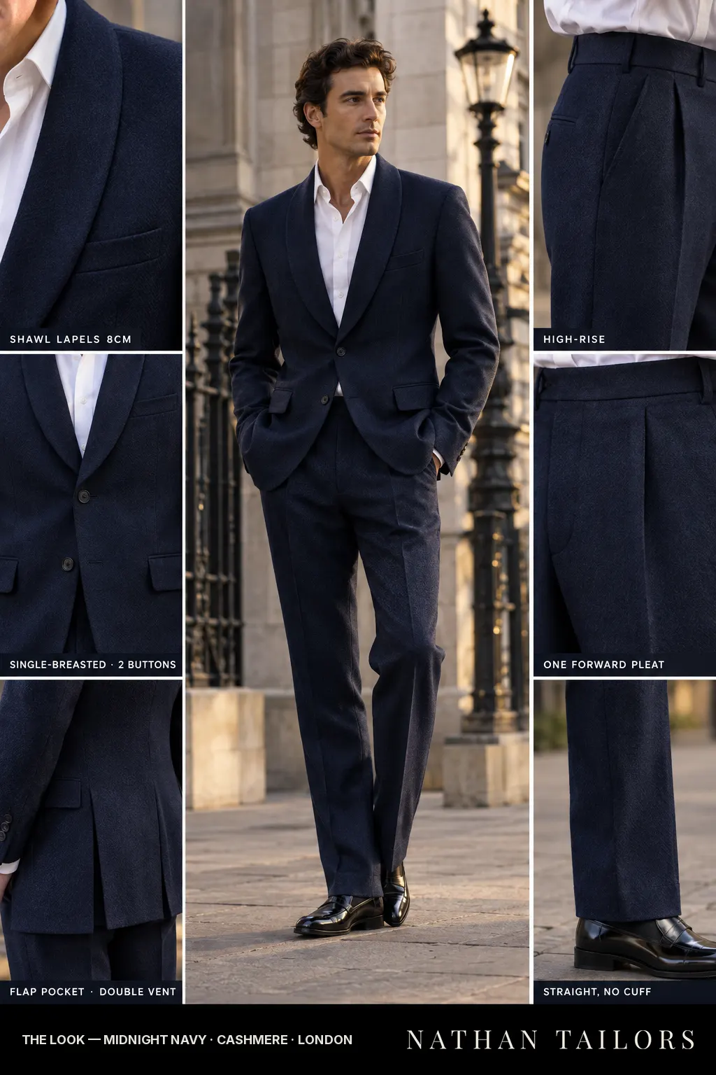 midnight navy herringbone single-breasted bespoke suit โ custom tailored by Nathan Tailors, the Hoi An custom tailor