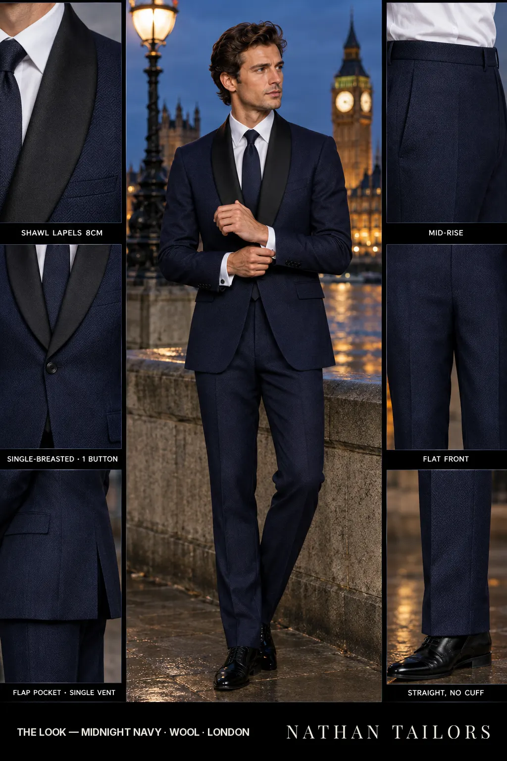 midnight navy herringbone single-breasted bespoke suit — custom tailored by Nathan Tailors, the Hoi An custom tailor